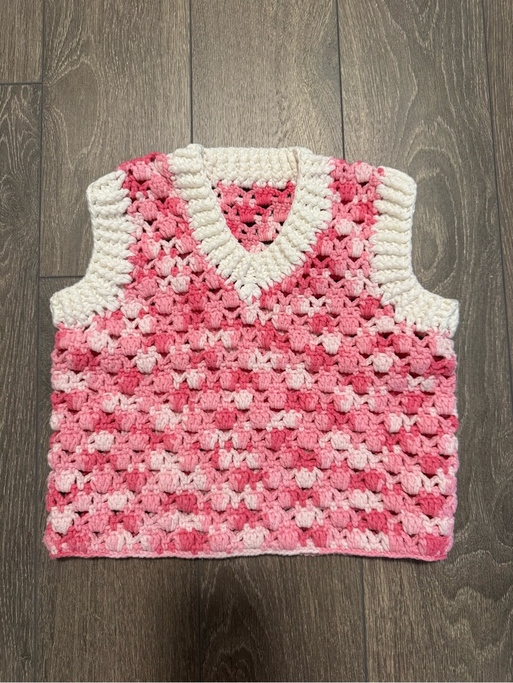 Crocheted Pink Ombre Sleeveless Vest with Cream Trim